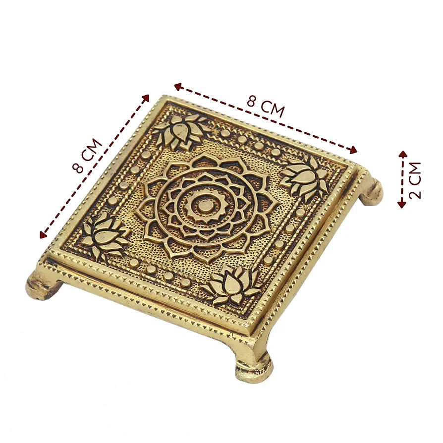 anciently Brass Pooja Chowki Square with Lotus Design | Sqaure Brass Chowki for Puja, Brass, Gold Colour, 1 Piece 
