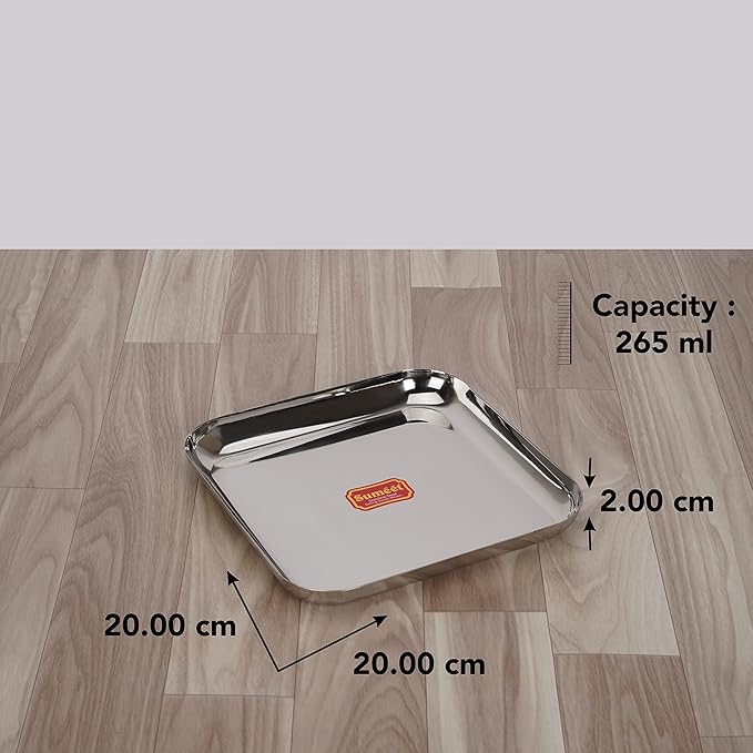 Sumeet Stainless Steel Medium Square Shape Plate Set of 3pcs 20cm Silver