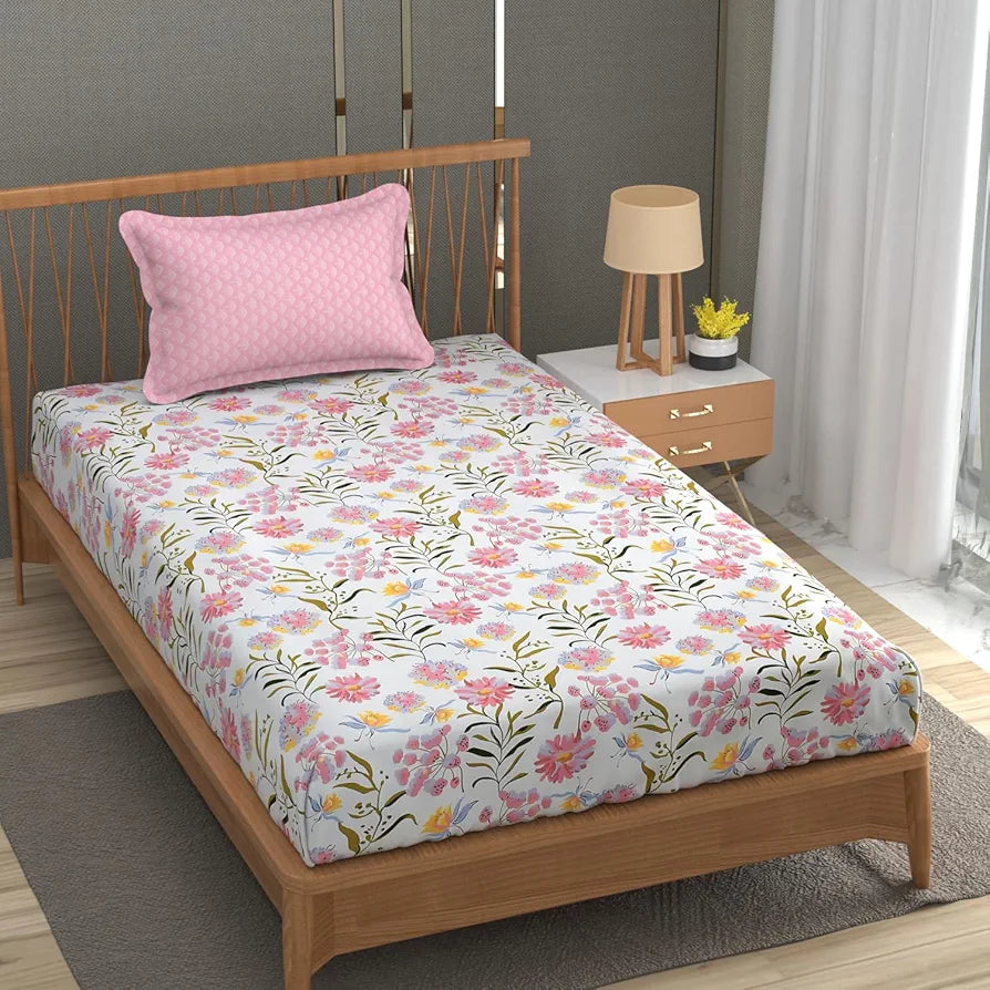 Fresh From Loom Microfiber Soft Cotton Bedsheet for Single Bed Bedsheet for Single Bed 200 TC Hypoallergenic Bed Sheet with 1 Pillow Cover Pink White