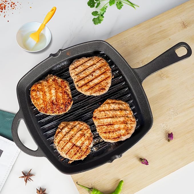 Solara Premium Pre-seasoned Cast Iron Grill Pan With Long Handle | 24 Cm | Induction Friendly | Toxin-free Tandoor Grill Pan