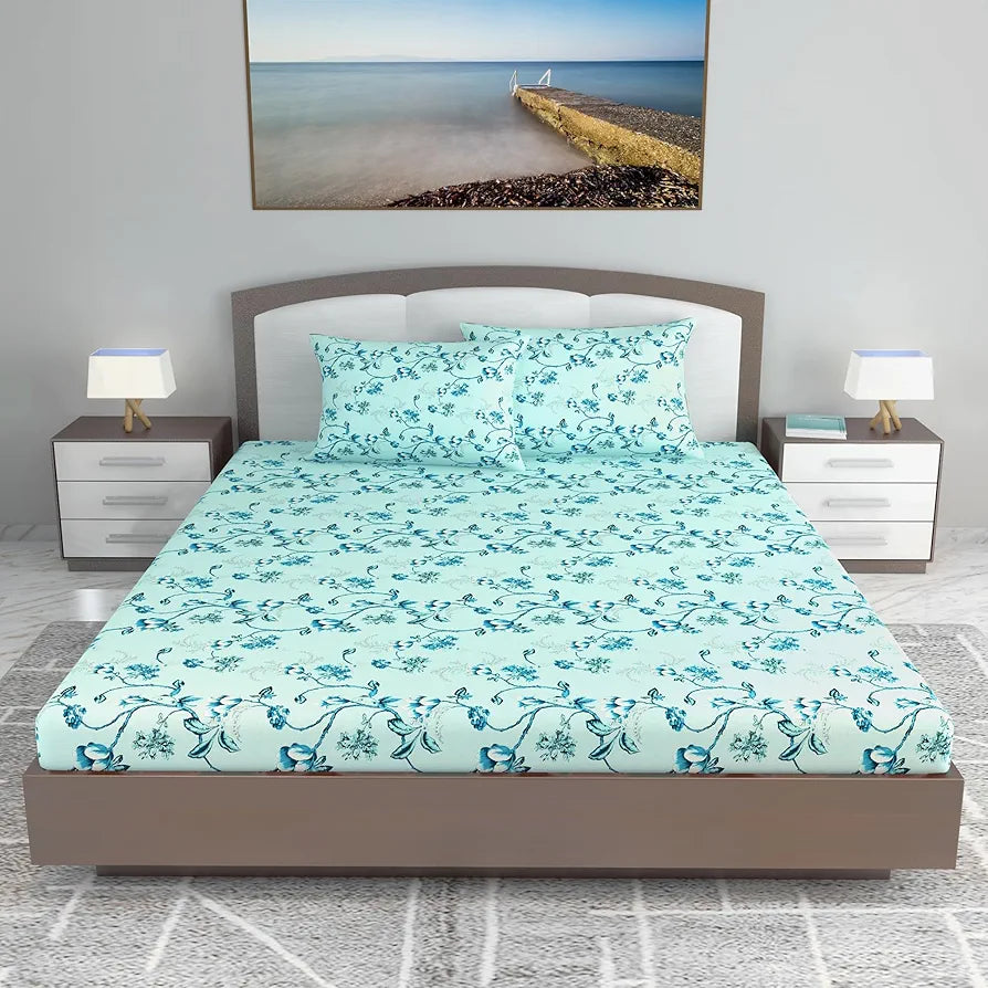 Divine Casa Floret 100% Cotton King Fitted Bedsheet 144 TC Deep Pocket Design Soft & Breathable Fabric Colour Winter Fern