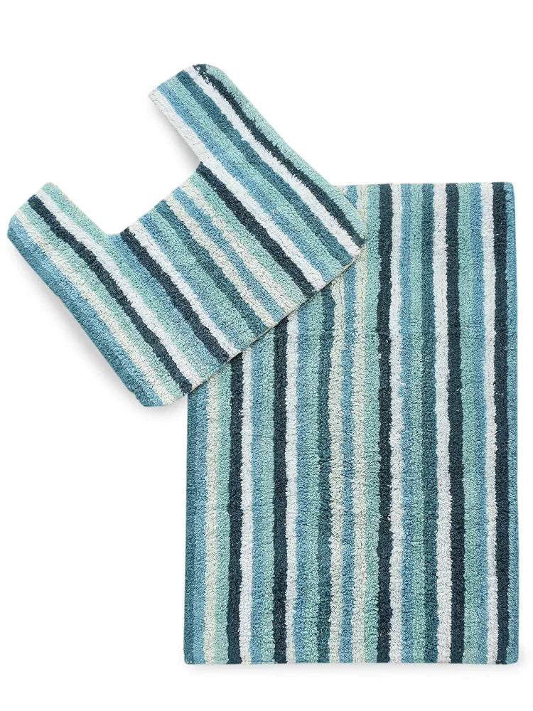 Sashaa World Striped Anti Skid Bathmat & Contour Set Colour Blue & White Striped