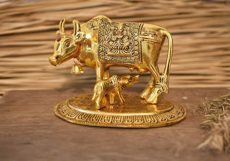 Jaipur Ace Kamdhenu Cow With Calf Statue Standard Size Golden kamdhenu