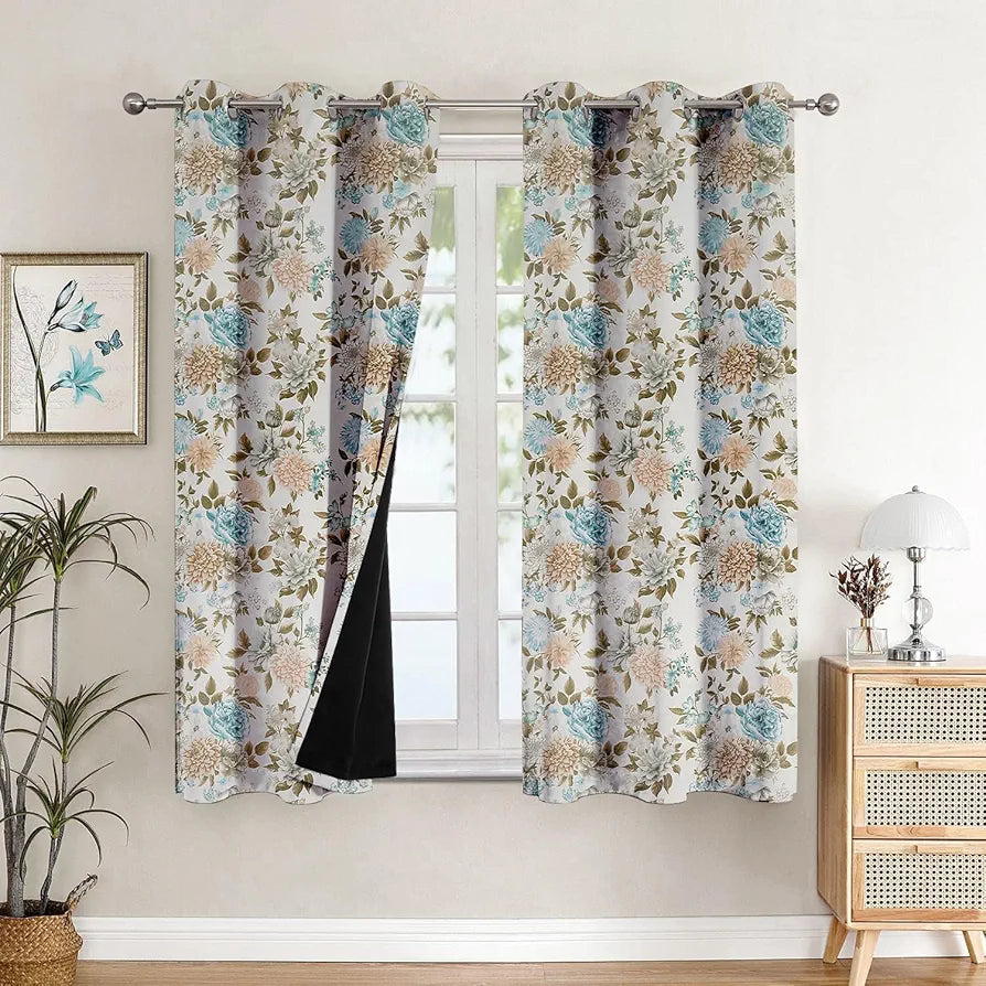 Cloth Fusion Blackout Printed Premium Window Curtains 5 Feet Long Set of 2 Blue Blooms