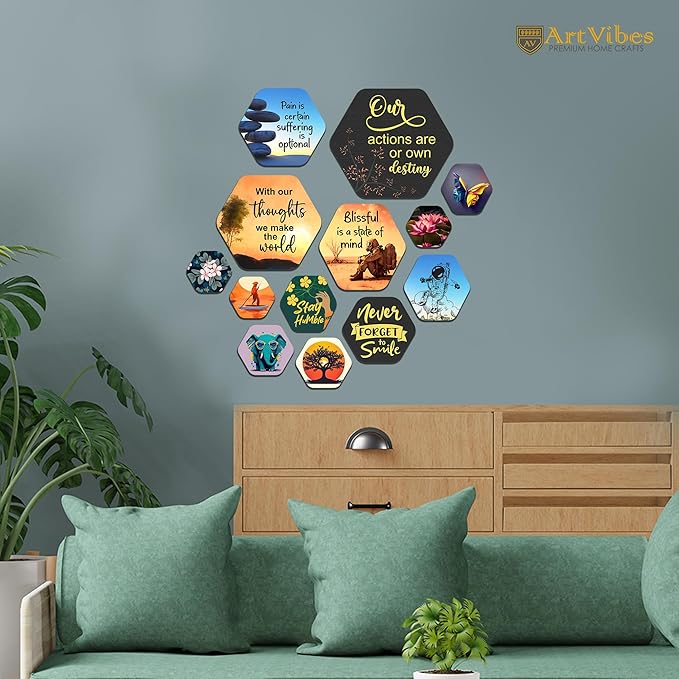 Artvibes Designer Wooden Wall Hanging Decoration for Home | Quotes Decor Item Pack of 13 Pieces