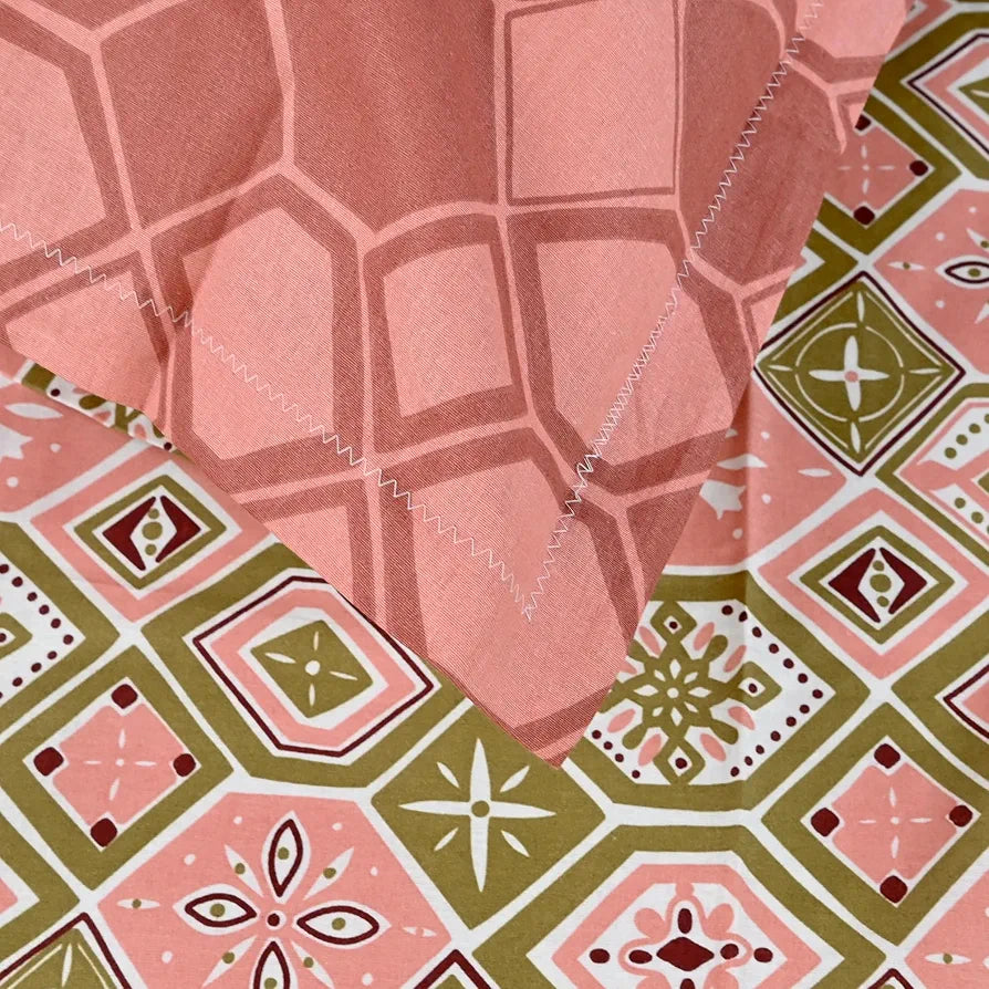 Divine Casa Pure Cotton Single Bed Printed Bedsheet with 1 Pillow Covers Nordic Hexa Pattern Colour Blush & Olive