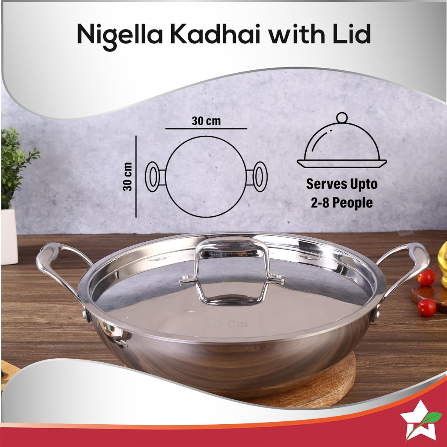 Wonderchef Nigella Tri-ply Stainless Steel 30 cm Kadhai with Lid