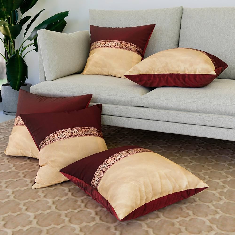 Kuber Industries Cushion Cover Pillow Covers Center Lace Cushion Covers Set of 5 Maroon