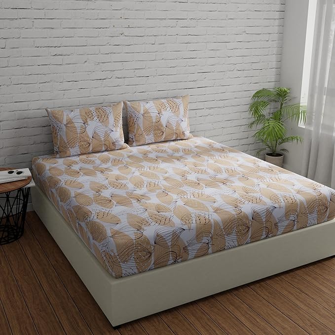 Huesland by Ahmedabad Cotton 144 TC Cotton Bedsheets for King Size Bed with 2 Pillow Covers | Brown & White