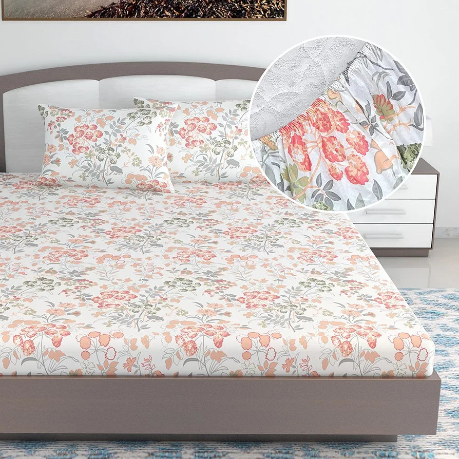 Divine Casa 144 Tc Cotton Floral Print King Size Double Bed Elastic Fitted Bedsheet With 2 Pillow Cover Colour Galaxy Peach