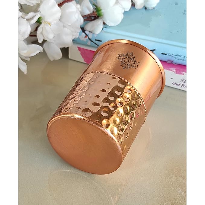 Indian Art Villa Pure Copper Glass With Half Lacquer Hammer Design Tumbler Cup (Pack of 2)