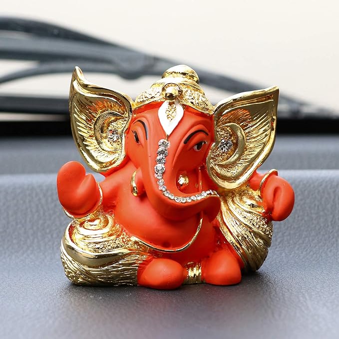 Ecraftindia Golden and Orange Polyresin Lord Ganesha Idol | Sacred Gift for Lord Ganesha Devotees
