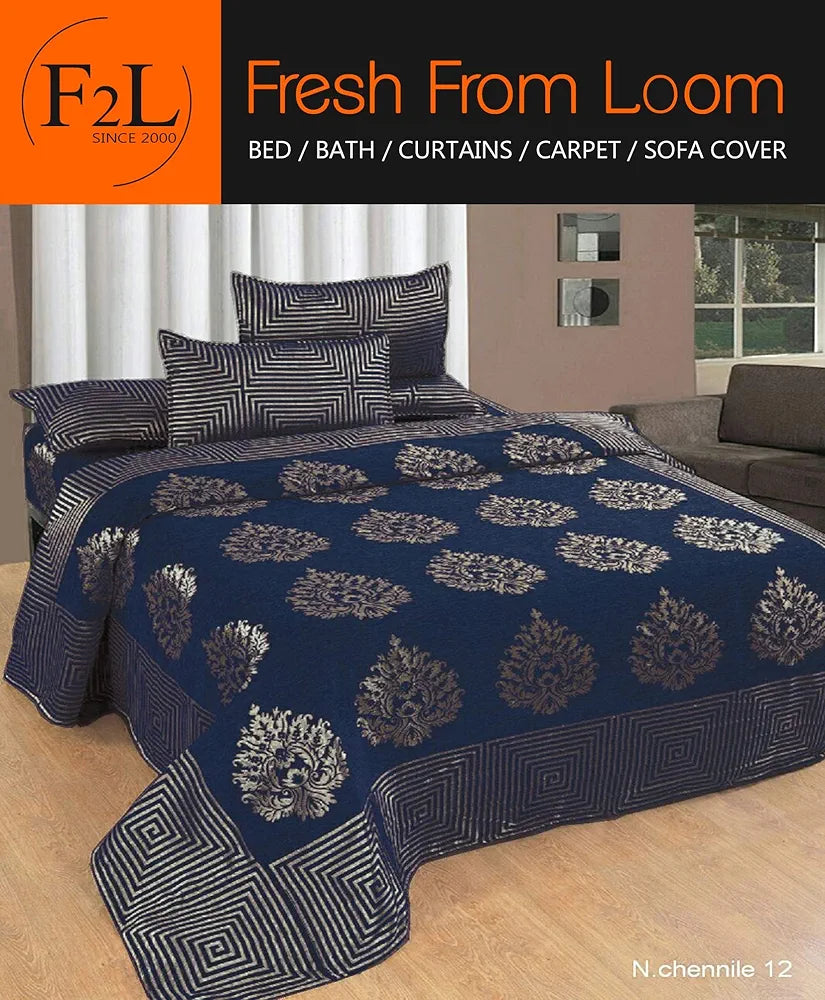 Fresh From Loom Chenille Velvet 500 TC Bedsheet 1 Double Bed King Size Bedsheet with 2 Pillow Cover Jhumka Blue