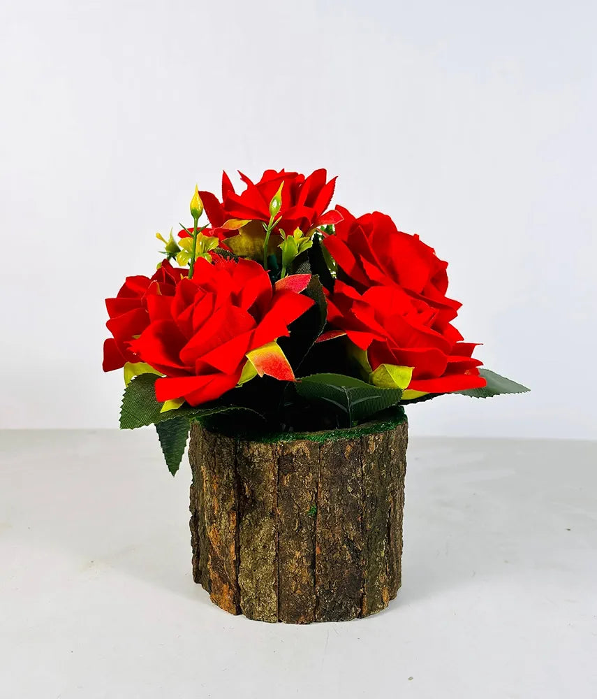 Artificial Silk Rose Fake Flowers Potted Artificial Plants Indoors Natural Wooden Pot