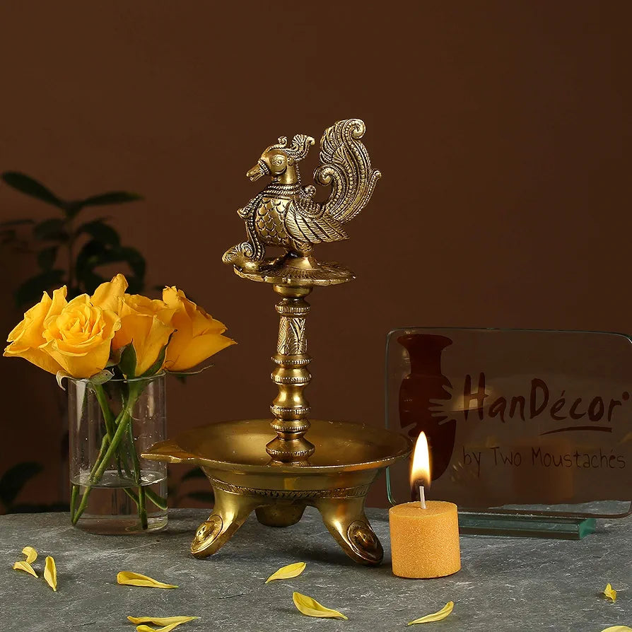Two Moustaches 9 Inches Brass Peacock Design Oil Diya with Base