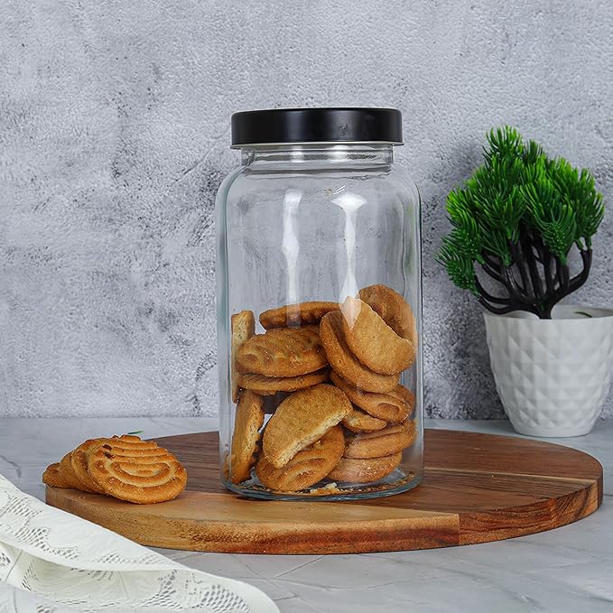 Femora Kitchen Storage Jars Clear Glass Jar With Steel Lid Air Tight Jar | 1000 Ml | Pack of 2 | Black Lid