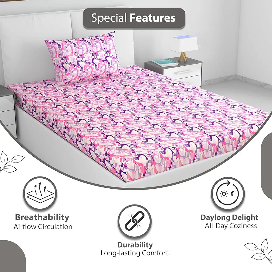Divine Casa 144 TC 100% Pure Cotton Single Bed Bedsheet with 1 Pillow Cover Orchid Bloom Print Colour Purple Pink