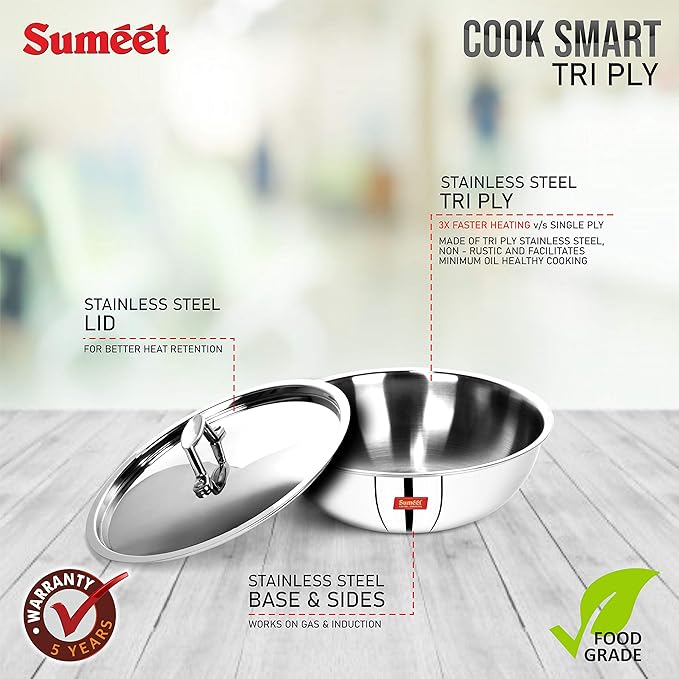 Sumeet Cook Smart Tri-Ply SAS Steel Aluminium Steel| 3 Layers Tasra with Lid (1.5 L| 22 cm)
