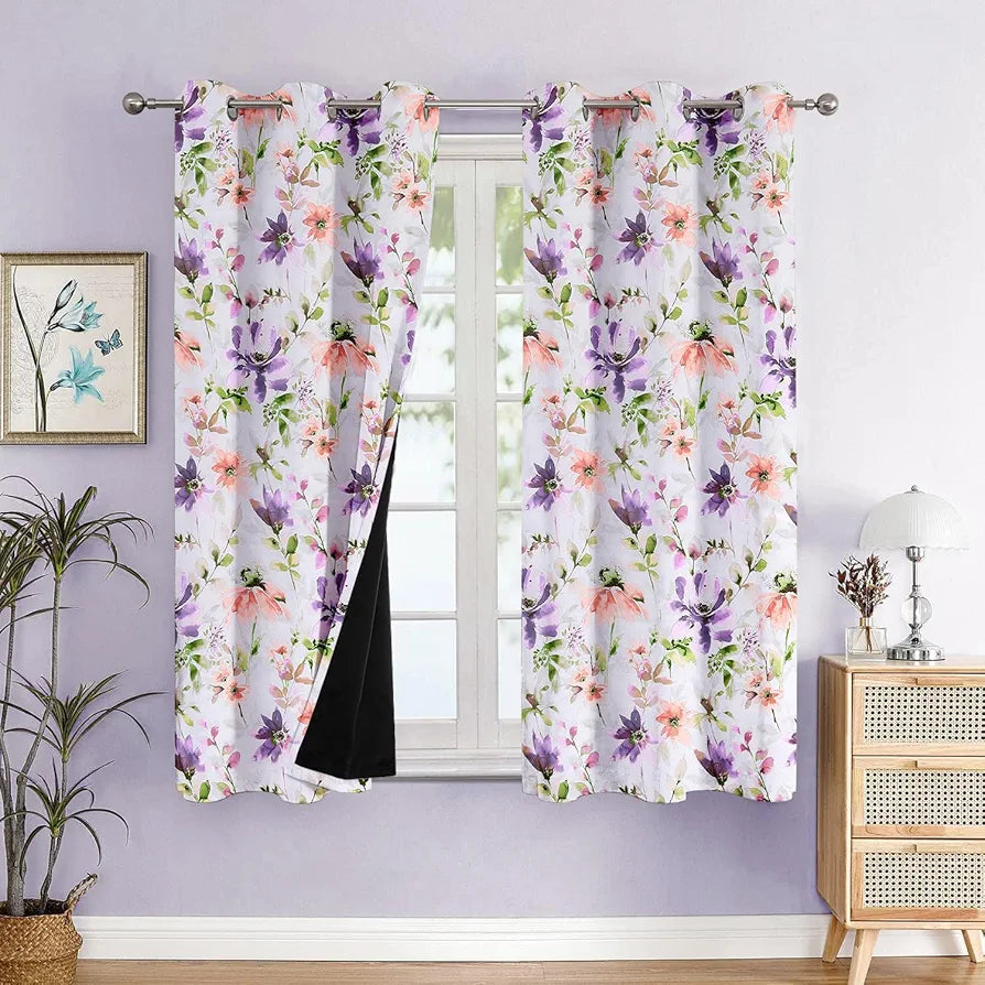 Cloth Fusion Blackout Printed Premium Window Curtains 5 Feet Long Set of 2 Purple Lotus