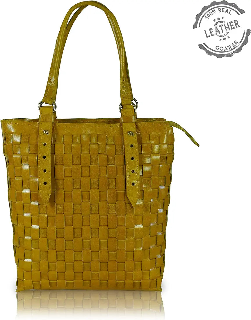 Goatter Genuine Leather Handmade Women's Tote Bag,Yellow Color