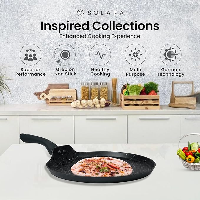 Solara Granite Dosa Tawa Non Stick Pan 28cm, Dosa Tawa Induction Base & Gas Compatible With Soft-touch Handles | Black