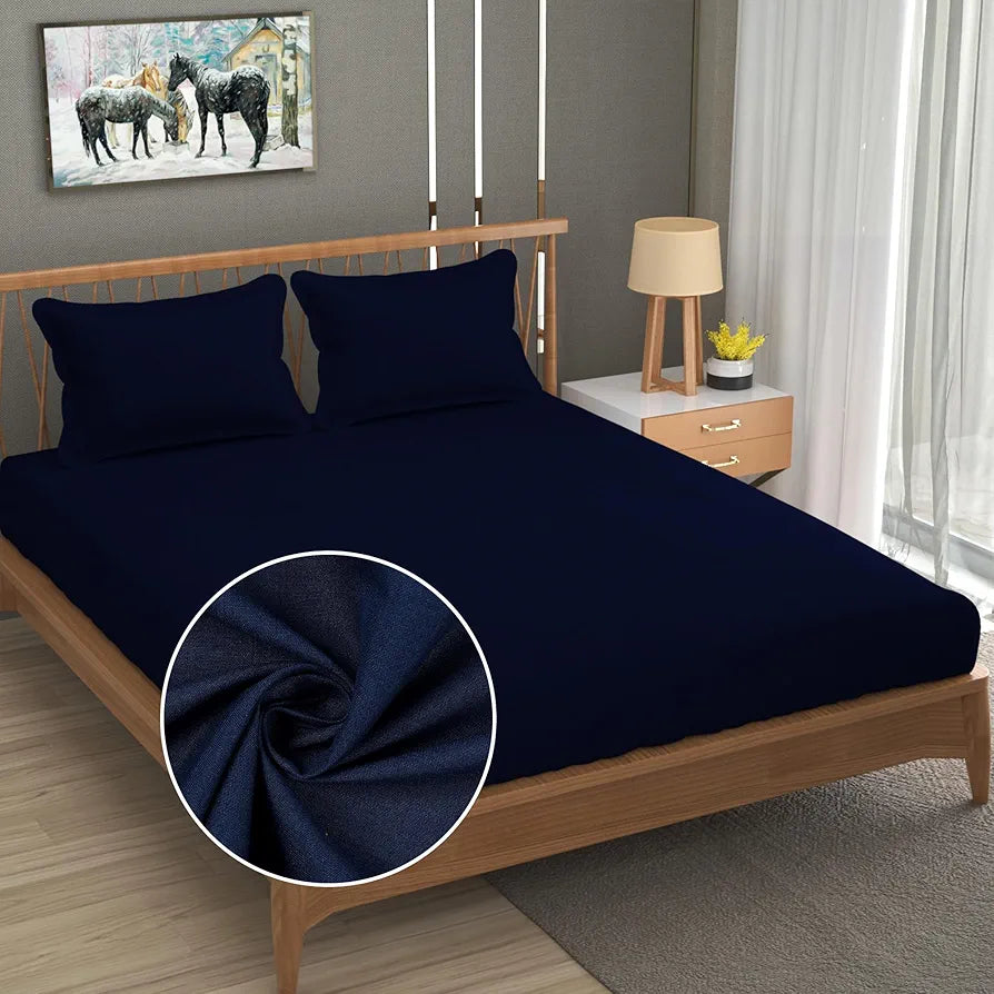 Fresh From Loom Plain Single Size Solid Plain Bedsheet Set 240 TC With 1 Pillow Covers Navy Blue Plain