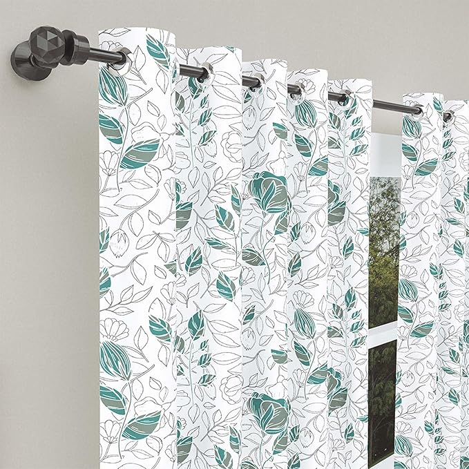 Haus & kinder Cotton Curtains Set of 2 for Bedroom Window Door Curtains | Colour Blooming Roses Aqua