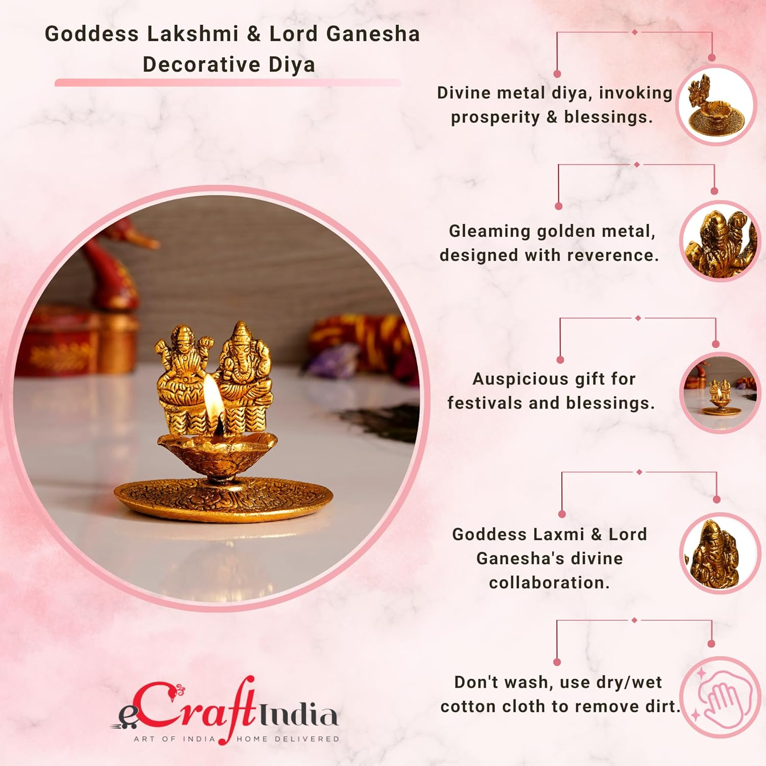 Ecraftindia Golden Metal Goddess Lakshmi & Lord Ganesha Decorative Diya for Puja Room | Home Temple Decor