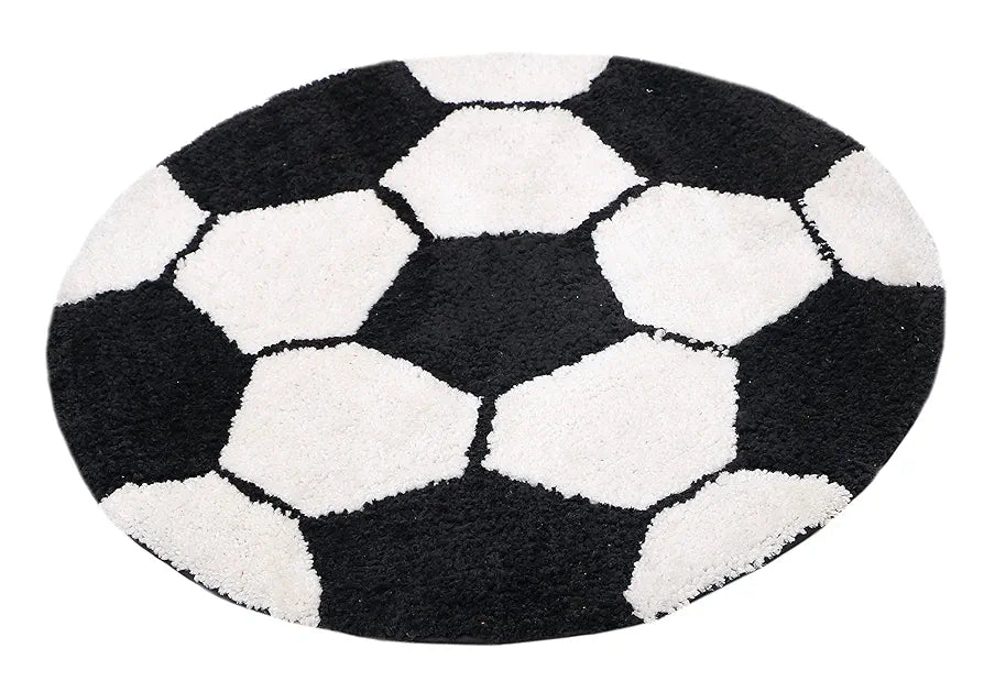The Home Talk Kids Bath mat Floor Rug Football Design Cotton Round Anti-Skid Backing White & Black