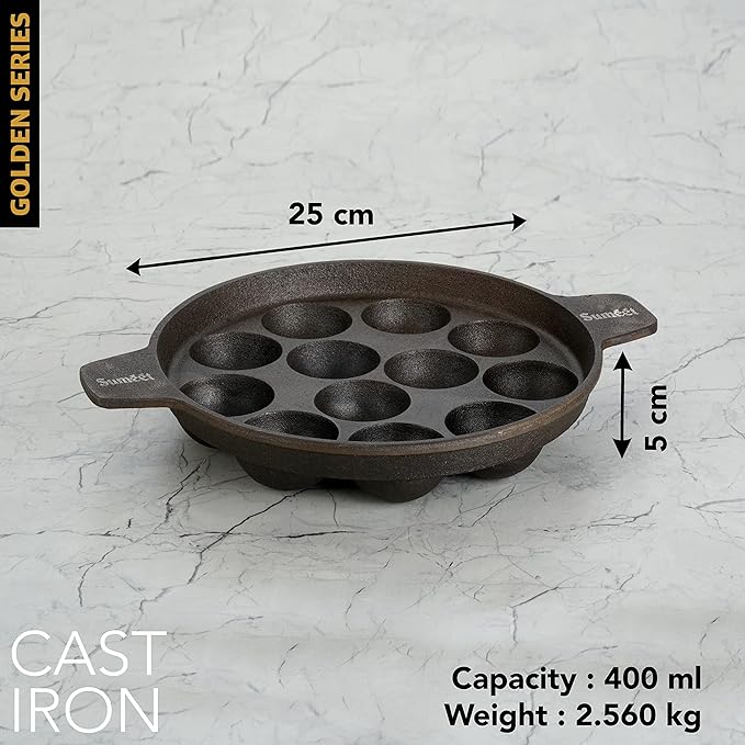 Sumeet Super Smooth Gold Series Pre Seasoned Cast Iron Appam Patra for Paniyaram | 25cm 2.560 kg 12 Pit.