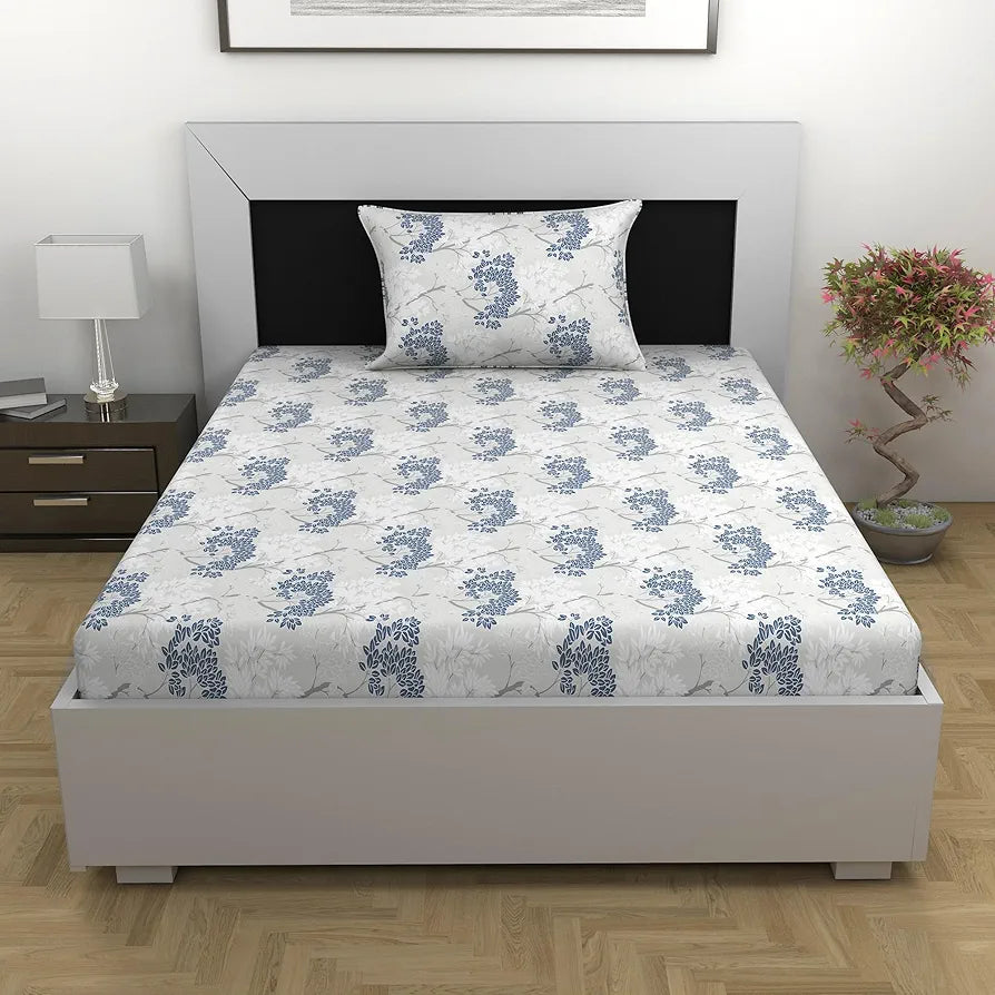 Divine Casa Bedsheet for Single Size Bed 144 TC Cotton Bedsheet for Single Size Bed with 1 Pillow Cover  Floral Colour Grey Blue