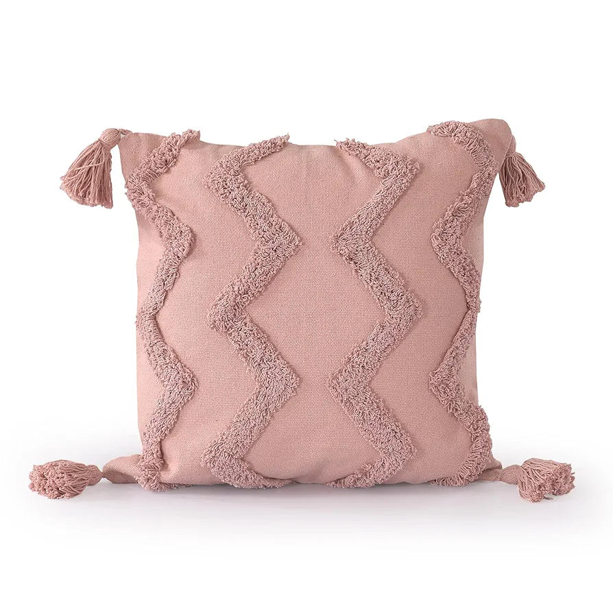 Sashaa World Salmon Pink Chevron Tufted Cushion Cover With Tassels