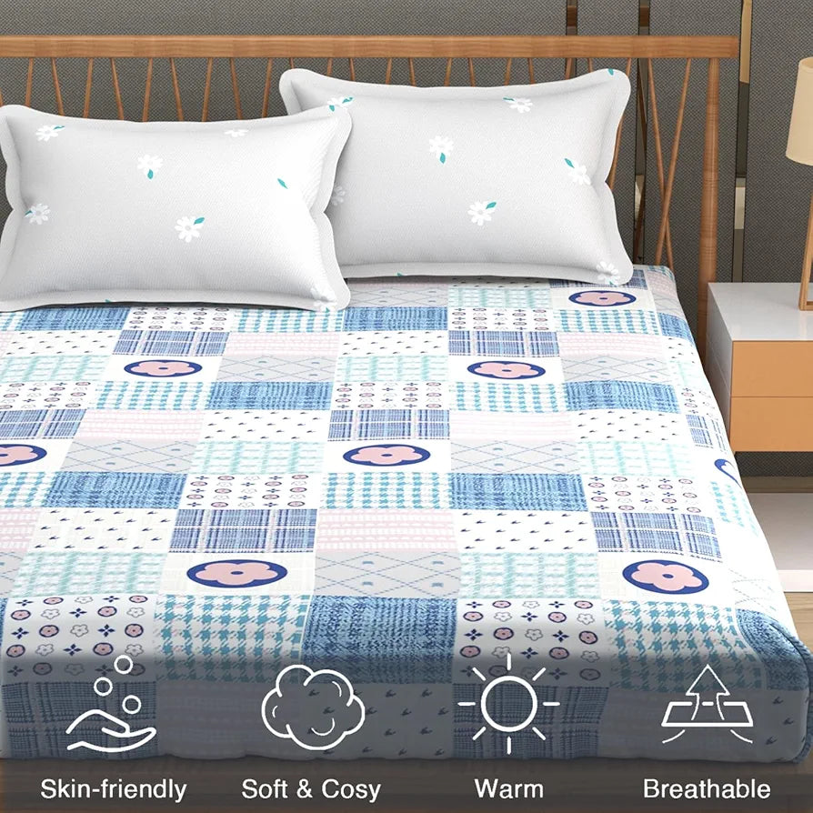 Fresh From Loom Microfiber Cotton Bedsheet for Double Bed with 2 Pillow Cover 240 TC King Size Soft Bed Sheet Patch Multi