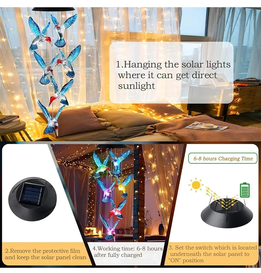 Taiga Humming Bird Solar Power Wind Chimes Color Changing Hanging Led Lights Multi Color