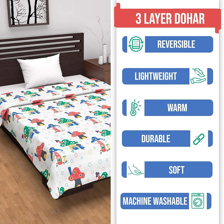 Divine Casa Pure Cotton Printed Single Dohar 120 GSM Soft & Lightweight Throw Blanket Colour Rosin White