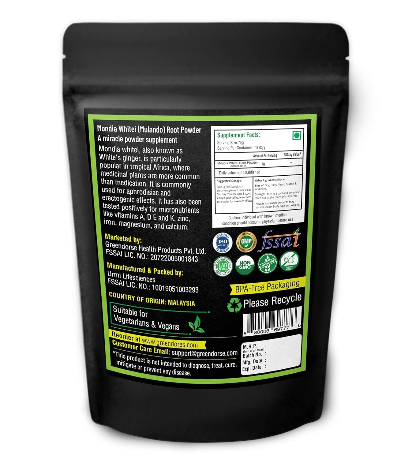 Greendorse Organic Mondia Whitei Mulando Root Powder - 100 Gms