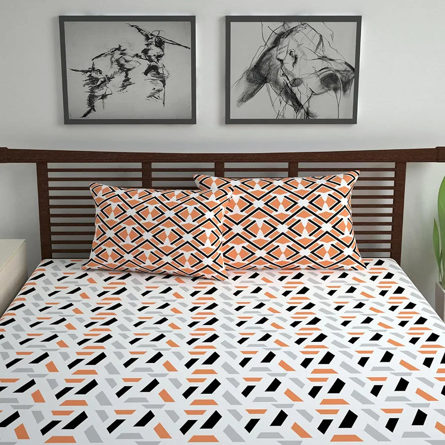 Divine Casa Double Size Bedsheet for Double Bed 144 TC Pure Cotton Queen Size with 2 Pillow Covers Colour Peach & Black