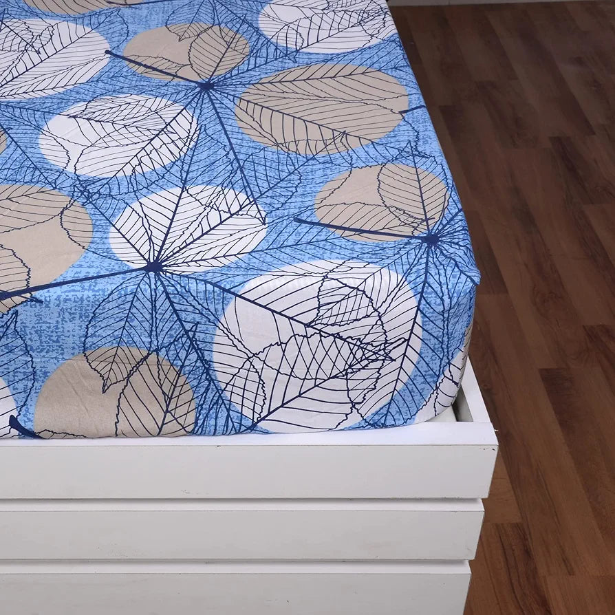 Divine Casa 144 TC Cotton Fitted Bedsheet for Double Bed with 2 Pillow Covers Colour Lichen Blue Elastic Fit for Queen Size Bed