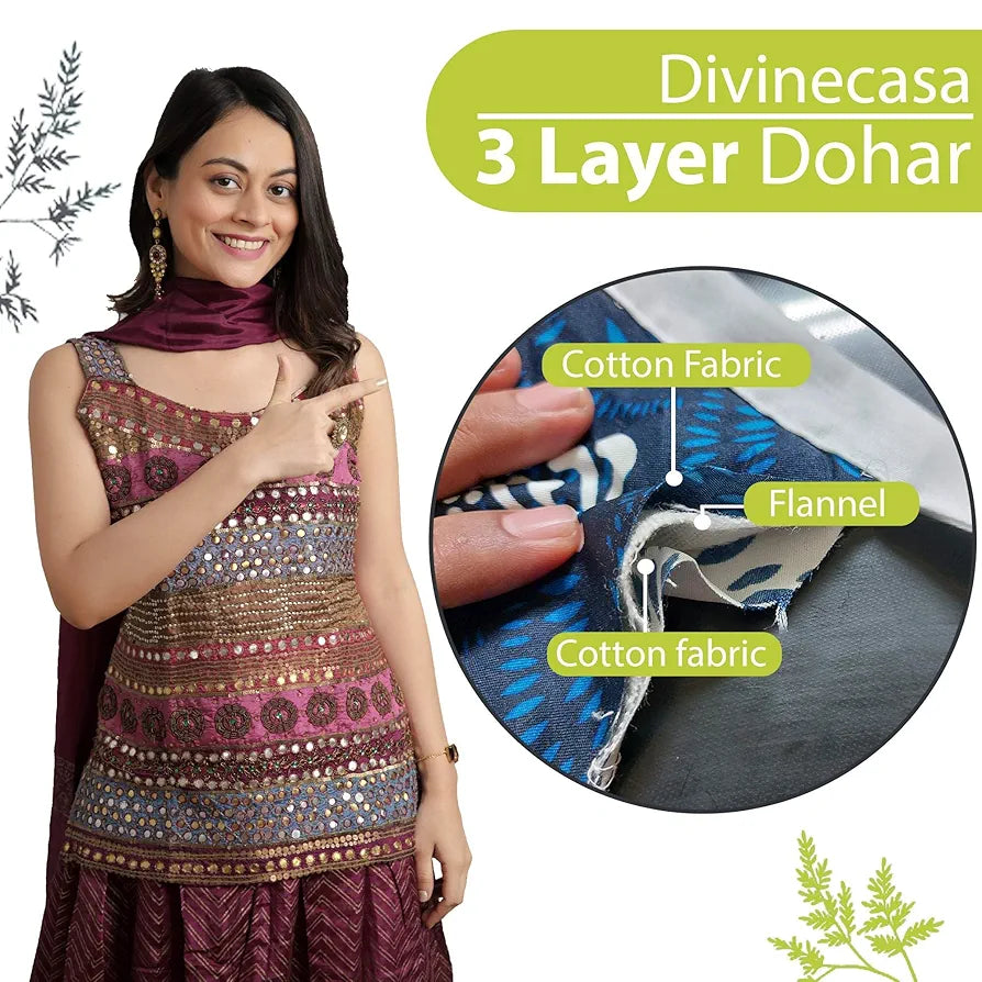 Divine Casa Floret 100% Cotton Double Dohar 120 GSM Soft & Lightweight Throw Blanket Colour Leaf Green