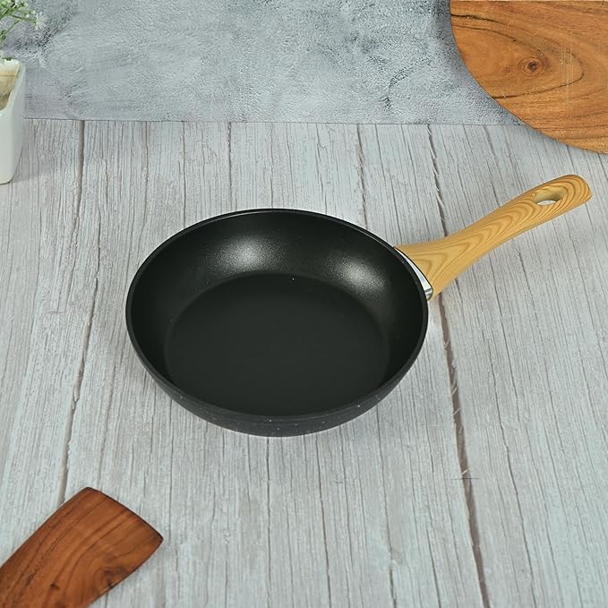 Femora Foged Die Cast Aluminium Non Stick 20 Cm Frypan With Wood Finish Handle | Granite Finish | Induction & Gas Ready