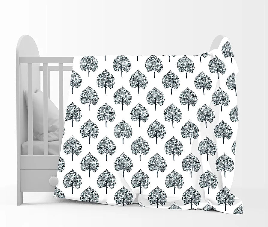 Divine Casa 120 GSM Microfiber Single Kids Dohar Soft & Lightweight Throw Blanket Tree Motif Pattern Colour Navy Blue & White
