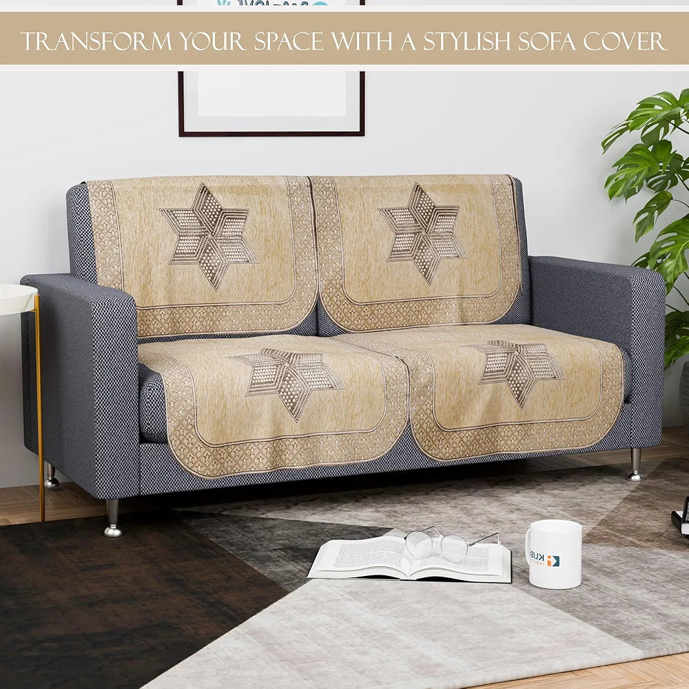 Kuber Industries Set of 6 Durable 2+1 Seater Sofa Cover for Living Room Star Print Cream & Brown