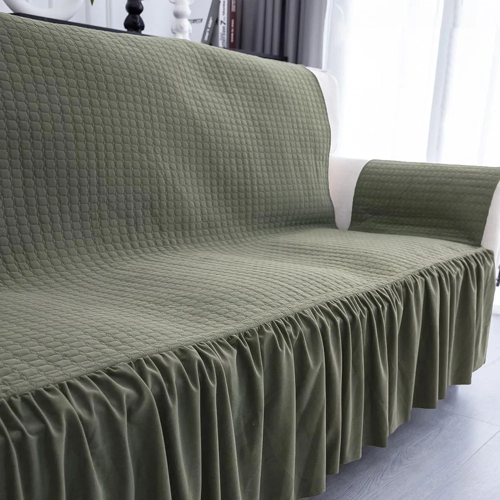 Kuber Industries Soft Velvet Quilted Single Seater Sofa Cover with Pocket Arms Frill Olive Green