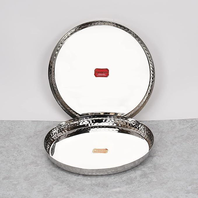 Sumeet Stainless Steel Handcrafted Hammered Texture Heavy Gauge Mirror Finish Royal Dinner Plate set of 2 Pc 29.5cm