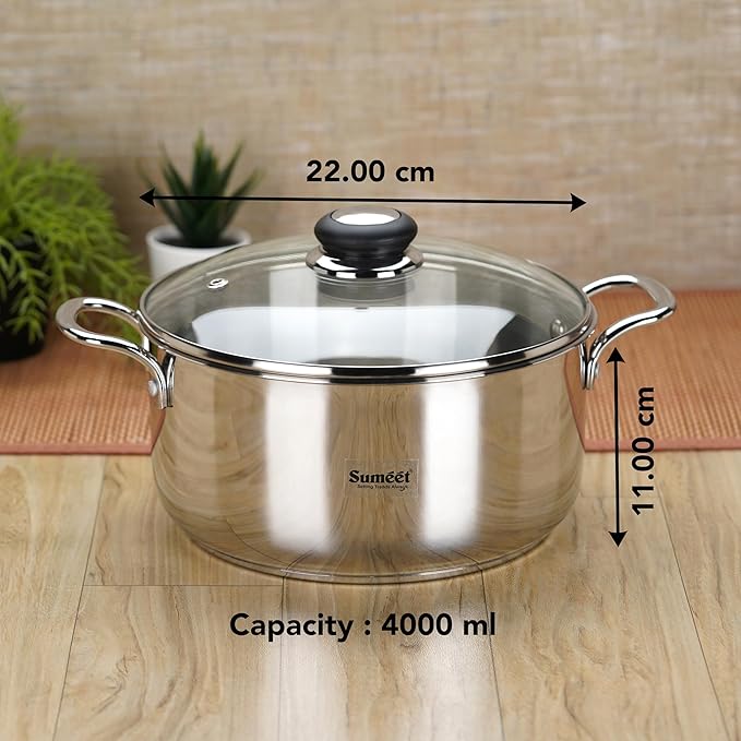 Sumeet Stainless Steel Induction Bottom Casserole with Glass Lid 4 Liter 22 cm Dia Silver
