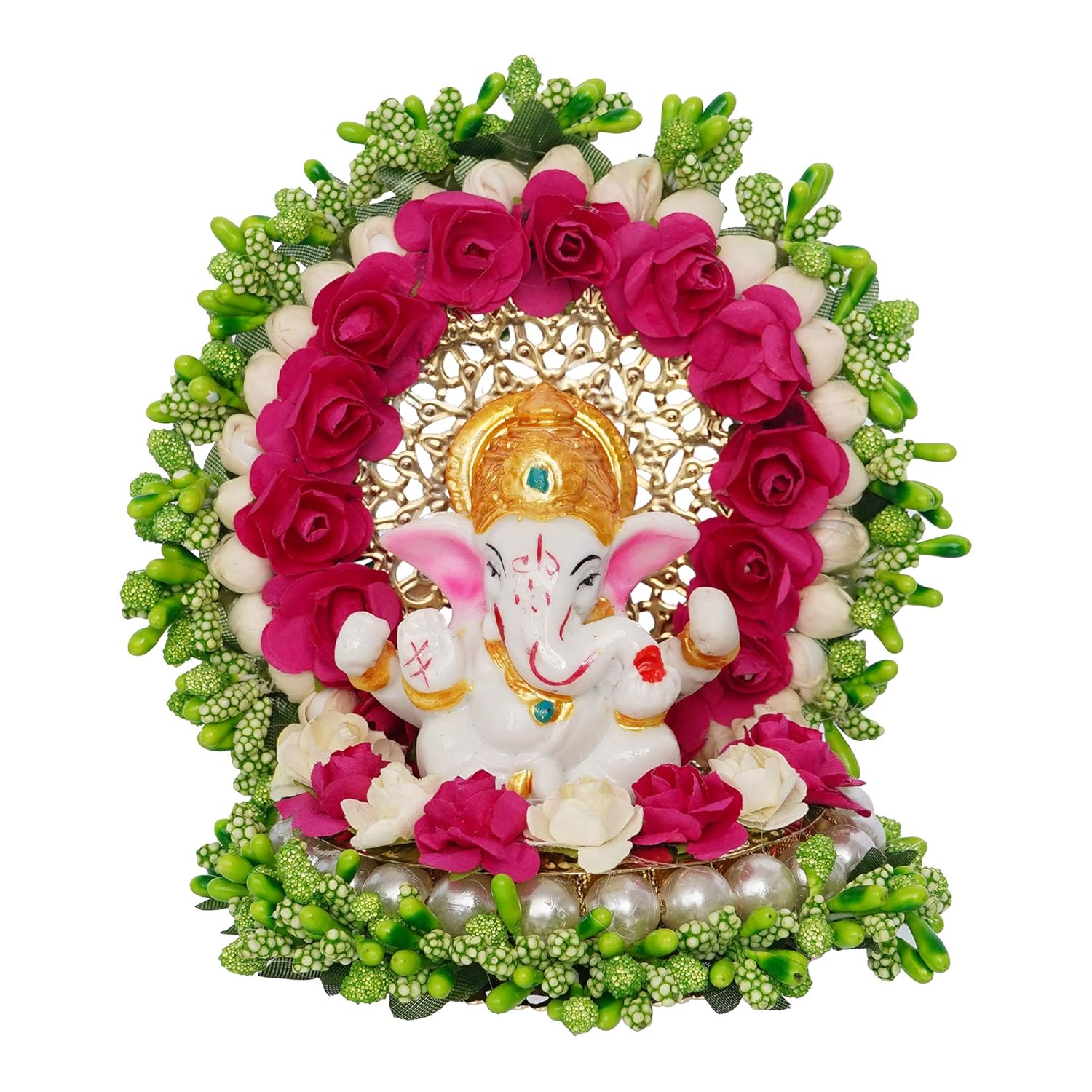 Ecraftindia Resin Lord Ganesha Idol on Decorative Green Pink Floral Plate | Ganesha Idol