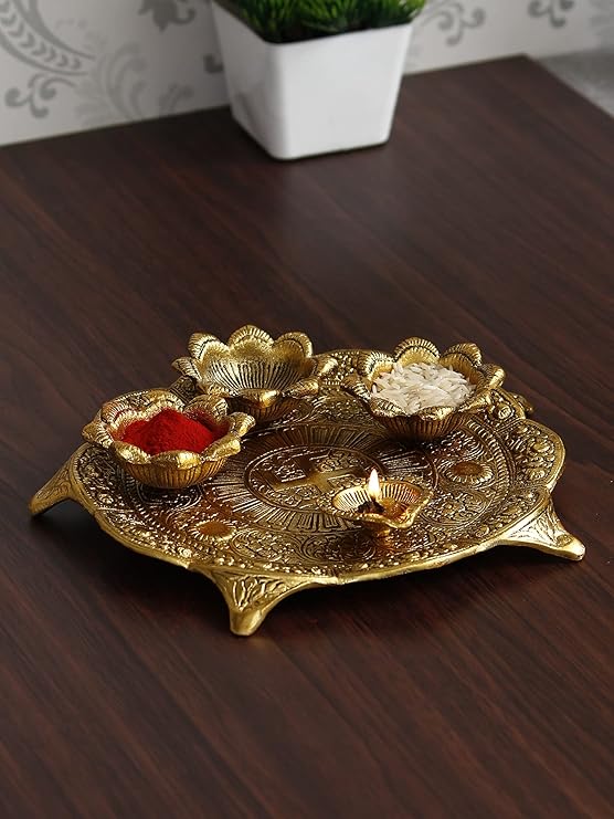 Ecraftindia Golden Metal Swastik Designer Pooja Thali With 3 Bowls and 1 Diya | Traditional Pooja Essential Set