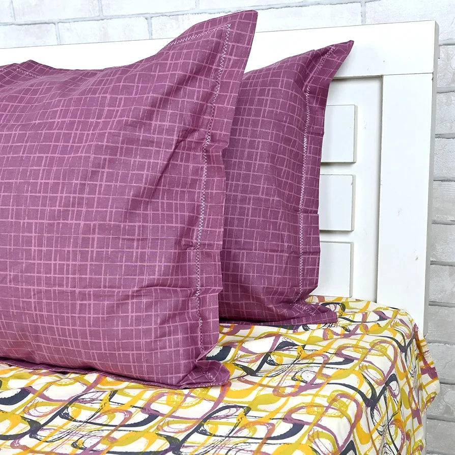 Divine Casa 144 TC 100% Pure Cotton Queen Size Double Bed Bedsheet with 2 Pillow Covers Wavy Pattern Colour Charcoal Yellow