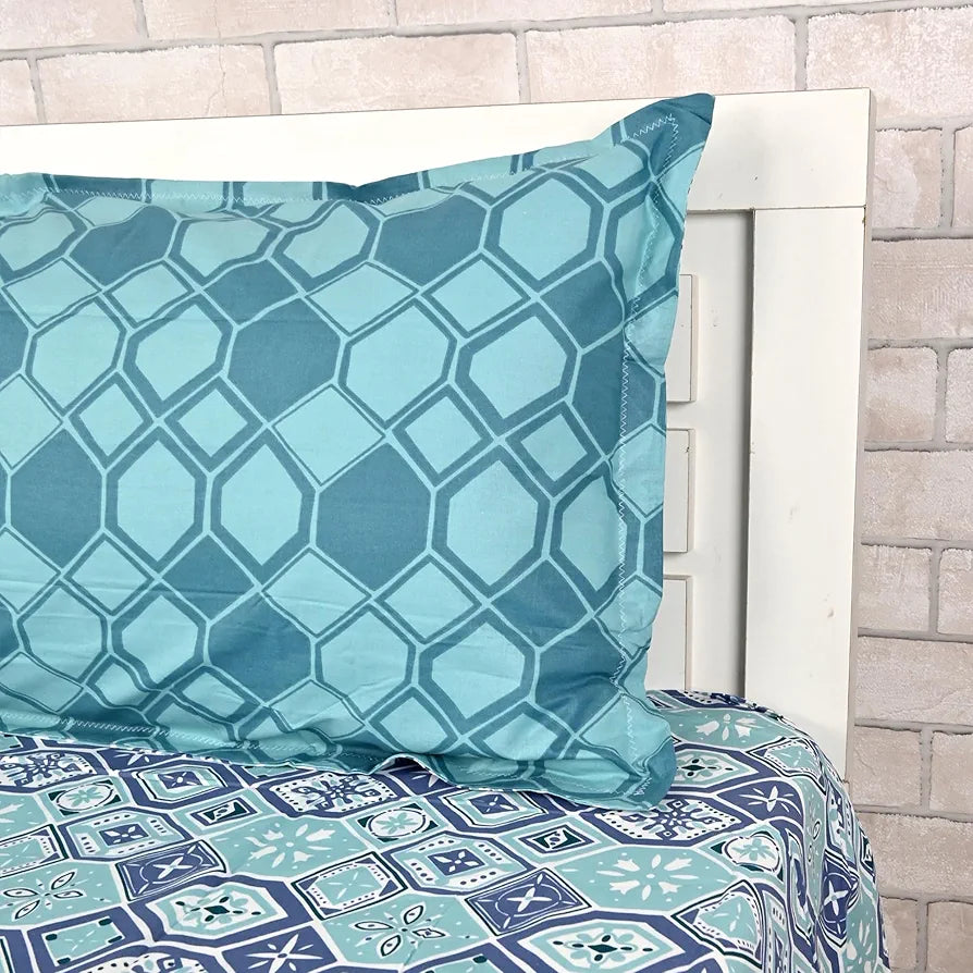 Divine Casa 144 TC 100% Pure Cotton Single Size Bedsheet with 1 Pillow Cover Geo Nordic Hexa Colour Ice Aqua Blue