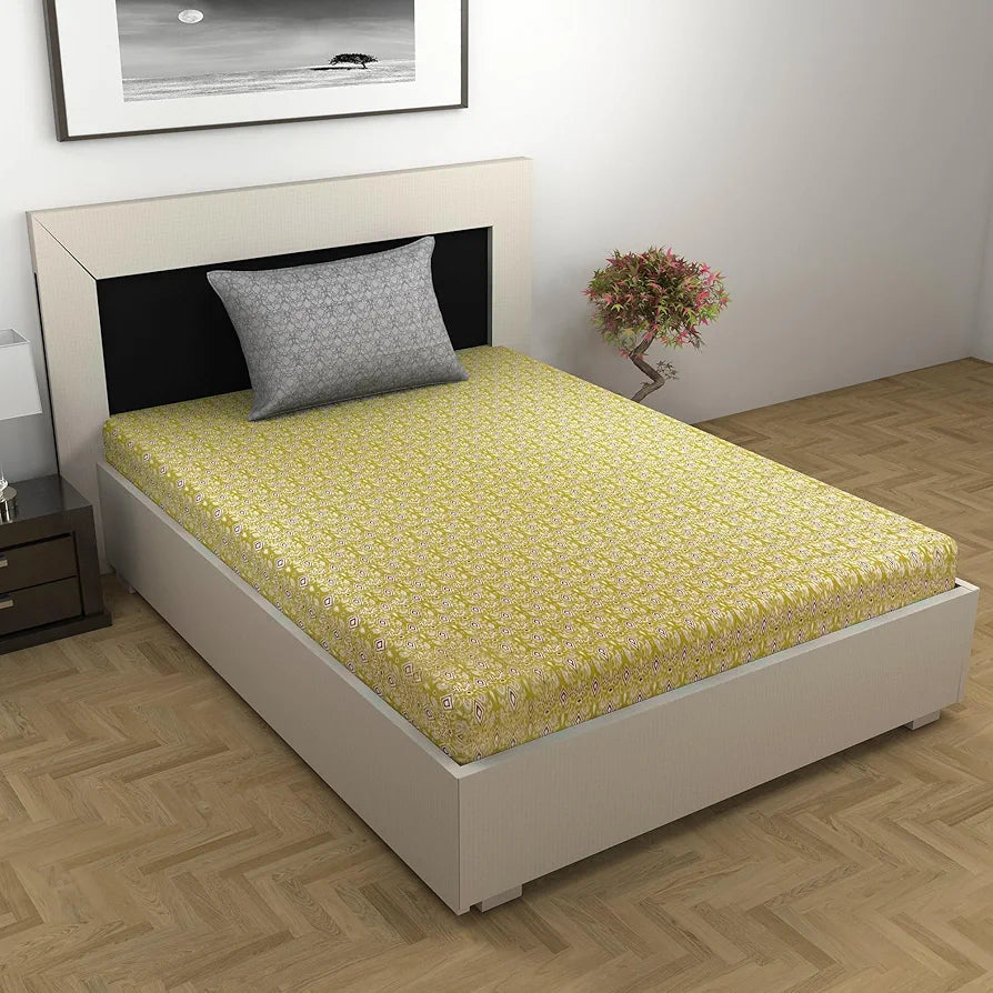 Divine Casa 144 TC Pure Cotton Single Size Bedsheet with 1 Pillow Cover Geometric Diamond Print Colour Golden Lime Grey